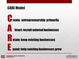 CAREModel
Create: entrepreneurship primarily
A ttract:recruitexternalbusinesses
Retain: keep existing businesses
E pand: help existing businesses grow
 