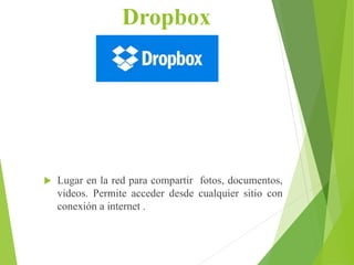 Dropbox
 Lugar en la red para compartir fotos, documentos,
videos. Permite acceder desde cualquier sitio con
conexión a internet .
 