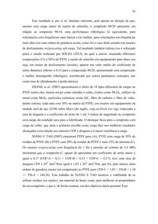 93
Este resultado é, por si só, bastante relevante, pois aponta na direção de que,
mesmo com carga maior de rejeito de scheelita, o compósito 80/20 apresenta, em
relação ao compósito 90/10, uma performance tribológica (i) equivalente, para
solicitações com frequências mais baixas e (ii) melhor, para solicitações em frequências
mais altas (ou uma ordem de grandeza acima, como foi o caso deste estudo) em ensaios
de deslizamento reciprocating sob carga. Tal resultado também reforça (ou é reforçado
pelo) o estudo realizado por SOUZA (2015), no qual a autora, ensaiando diferentes
composições (1% a 50%) de PTFE e rejeito de scheelita em equipamento pino-disco (ou
seja, em ensaio de deslizamento circular), apurou um valor médio do coeficiente de
atrito dinâmico inferior a 0,15 para a composição 80/20, apresentando esta composição
o melhor desempenho tribológico, corroborado por outros parâmetros coletados, tais
como taxa de afundamento e perda mássica.
ZHANG et al. (2001) apresentaram o efeito de 18 tipos diferentes de cargas no
PTFE (entre elas, metais em pó como chumbo e cobre, óxidos como Pb3O4, sulfetos de
metal como MoS2, partículas cerâmicas como SiC, fibra de carbono e fibra de vidro,
dentre outras), cada uma com 30% na matriz de PTFE, em ensaios em equipamento de
modelo anel de aço 52100 sobre bloco (do inglês, ring-on-block test rig), reduzindo a
taxa de desgaste e o coeficiente de atrito de 1 até 3 ordens de magnitude no compósito
com carga, da condição seca para a lubrificada. O destaque ficou para o compósito com
carga de cobre, que seria a primeira escolha como carga face aos melhores resultados
alcançados com relação aos menores COF e desgaste e à maior resistência à carga.
XIANG E TAO (2007) ensaiaram PTFE puro (A), PTFE com carga de 20% de
resíduo de PTFE (B) e PTFE com 20% de resíduo de PTFE e mais 15% de alumina (C).
Os ensaios reciprocating com frequência de 1 Hz e pressão de contato de 5,5 MPa
mostraram que o compósito-C, apesar de apresentar um coeficiente de atrito maior e
igual a 0,17 (COF-A = 0,11 < COF-B = 0,13 < COF-C = 0,17), teve uma taxa de
desgaste (TD x 10-6
mm3
/Nm) igual a 1,03 x 10-6
mm3
/Nm, que foi, pelo menos, duas
ordens de grandeza menor em comparação ao PTFE puro (TD-C = 1,03 < TD-B = 1,34
<< TD-A = 144,36). Este trabalho de XIANG E TAO mostrou a viabilidade de se
utilizar resíduo (ou rejeito), um material de baixo custo, para melhorar as propriedades
de um compósito, o que é, de forma comum, um dos objetivos desta presente Tese.
 