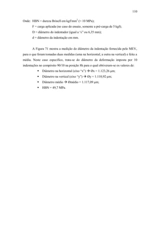 110
Onde: HBN = dureza Brinell em kgf/mm2
(≈ 10 MPa);
F = carga aplicada (no caso do ensaio, somente a pré-carga de 5 kgf);
D = diâmetro do indentador (igual a ¼” ou 6,35 mm);
d = diâmetro da indentação em mm.
A Figura 71 mostra a medição do diâmetro da indentação fornecida pelo MEV,
para o que foram tomadas duas medidas (uma na horizontal, a outra na vertical) e feita a
média. Neste caso específico, trata-se do diâmetro da deformação imposta por 10
indentações no compósito 90/10 na posição 8h para o qual obtiveram-se os valores de:
 Diâmetro na horizontal (eixo “x”)  Øx = 1.123,26 μm;
 Diâmetro na vertical (eixo “y”)  Øy = 1.110,92 μm;
 Diâmetro médio  Ømédio = 1.117,09 μm;
 HBN = 49,7 MPa.
 
