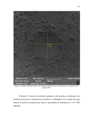 111
Figura 71: Imagem obtida por MEV com medição do diâmetro das 10 indentações no compósito 90/10
(posição 8h).
O Quadro 19 mostra os resultados apurados, onde percebe-se nitidamente um
aumento da dureza (ou incremento da resistência à indentação) com a adição da carga
mineral de rejeito de scheelita para todas as quantidades de indentações (1, 10 e 100)
aplicadas.
 