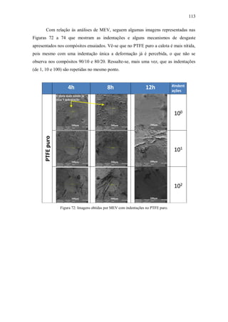 113
Com relação às análises de MEV, seguem algumas imagens representadas nas
Figuras 72 a 74 que mostram as indentações e alguns mecanismos de desgaste
apresentados nos compósitos ensaiados. Vê-se que no PTFE puro a calota é mais nítida,
pois mesmo com uma indentação única a deformação já é percebida, o que não se
observa nos compósitos 90/10 e 80/20. Ressalte-se, mais uma vez, que as indentações
(de 1, 10 e 100) são repetidas no mesmo ponto.
4h 8h 12h #indent
ações
PTFE
puro
100
101
102
Calota mais nítida já
com 1 indentação
500μm 500μm
500μm 500μm
500μm 500μm
200μm
200μm
200μm
Figura 72: Imagens obtidas por MEV com indentações no PTFE puro.
 