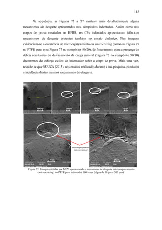 115
Na sequência, as Figuras 75 a 77 mostram mais detalhadamente alguns
mecanismos de desgaste apresentados nos compósitos indentados. Assim como nos
corpos de prova ensaiados no HFRR, os CPs indentados apresentaram idênticos
mecanismos de desgaste presentes também no ensaio dinâmico. Nas imagens
evidenciam-se a ocorrência de microesgarçamento ou microcrazing (como na Figura 75
no PTFE puro e na Figura 77 no compósito 80/20), de fissuramento com a presença de
debris resultantes do destacamento da carga mineral (Figura 76 no compósito 90/10)
decorrentes do esforço cíclico do indentador sobre o corpo de prova. Mais uma vez,
ressalte-se que SOUZA (2015), nos ensaios realizados durante a sua pesquisa, constatou
a incidência destes mesmos mecanismos de desgaste.
500 μm 200 μm 100 μm 50 μm
20 μm 10 μm
microesgarçamento
(microcrazing)
Figura 75: Imagens obtidas por MEV apresentando o mecanismo de desgaste microesgarçamento
(microcrazing) no PTFE puro indentado 100 vezes (régua de 10 μm a 500 μm).
 
