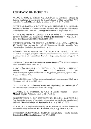 120
REFERÊNCIAS BIBLIOGRÁFICAS
AGLAN, H.; GAN, Y.; BRYAN, C.; FAUGHNAN, P. Correlation between the
dynamic mechanical properties and the fatigue behavior of filled and unfilled PTFE
materials. Journal of Materials Science Letters, v. 17, p. 1743-1746, 1998.
ALVES, S. M.; BARROS, B. S.; TRAJANO, M. F.; RIBEIRO, K. S. B.; MOURA, E.
Tribological behavior of vegetable oil-based lubricants with nanoparticles of oxides in
boundary lubrication conditions. Tribology International, v. 65, p. 28-36, 2013.
ALVES, S. M.; MELLO, V. S.; FARIA, E. A. CAMARGO, A. P. P. Nanolubricants
developed from tiny CuO nanoparticles. Tribology International, v. 100, p. 263-271,
2016. http://dx.doi.org/10.1016/j.triboint.2016.01.050.
AMERICAN SOCIETY FOR TESTING AND MATERIALS – ASTM. ASTM E18-
15: Standard Test Methods for Rockwell Hardness of Metallic Materials. West
Conshohocken, Pensilvânia, Estados Unidos, 2015.
ARGATOV, Ivan I.; GUINOVART-DÍAZ, R.; SABINA, Federico J. On local
indentation and impact compliance of isotropic auxetic materials from the continuum
mechanics viewpoint. International Journal of Engineering Science, v.54, p. 42-57,
2012.
ASHBY, M. F. Materials Selection in Mechanical Design. 2nd
Ed. Oxford, Inglaterra:
Butterworth Heinemann, 2000. 502 p.
ASSOCIAÇÃO BRASILEIRA DA INDÚSTRIA DO PLÁSTICO – ABIPLAST.
Preview Perfil 2016. Disponível em:
<http://file.abiplast.org.br/file/noticia/2017/folder_preview_perfil2016_separado.pdf>.
Acesso em: 30 mar 2017.
BHULLAR, Sukhwinder K. Three decades of auxetic polymers: a review. E-Polymers.
Alemanha, v.15, n.4, p. 205-215, 2015.
CALLISTER, JR., W.D. Materials Science and Engineering: An Introduction. 7th
Ed. Estados Unidos: John Wiley & Sons, 2007. 975 p.
CARNEIRO, V. H.; MEIRELES, J.; PUGA, H. Auxetic materials – a review.
Materials Science. Polônia, v.31, n.4, p. 561-571, 2013.
CONSTANTINIDES, G.; RAVI CHANDRAN, K.S.; ULM, F.-J.; VAN VLIET, K.J.
Grid indentation analysis of composite microstructure and mechanics: principles and
validation. Materials Science and Engineering A, v.430, p. 189-202, 2006.
DAO, M. et al. Computational modeling of the forward and reverse problems in
instrumented sharp indentation. Acta Materialia, v.49, n.19, p. 3899-3918, 2001.
DIRRENBERGER, J.; FOREST, S.; JEULIN, D. Elastoplasticity of auxetic materials.
Computational Materials Science, v.64, p. 57-61, 2012.
 