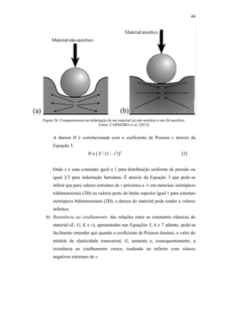 44
Figura 26: Comportamento na indentação de um material (a) não auxético e um (b) auxético.
Fonte: CARNEIRO et al. (2013).
A dureza H é correlacionada com o coeficiente de Poisson ν através da
Equação 3:
H α [ E / (1 – ν2
)]γ
[3]
Onde γ é uma constante igual a 1 para distribuição uniforme de pressão ou
igual 2/3 para indentação hertziana. É através da Equação 3 que pode-se
inferir que para valores extremos de ν próximos a -1 em materiais isotrópicos
tridimensionais (3D) ou valores perto do limite superior igual 1 para sistemas
isotrópicos bidimensionais (2D), a dureza do material pode tender a valores
infinitos.
b) Resistência ao cisalhamento: das relações entre as constantes elásticas do
material (E, G, K e ν), apresentadas nas Equações 5, 6 e 7 adiante, pode-se
facilmente entender que quando o coeficiente de Poisson diminui, o valor do
módulo de elasticidade transversal, G, aumenta e, consequentemente, a
resistência ao cisalhamento cresce, tendendo ao infinito com valores
negativos extremos de ν.
 