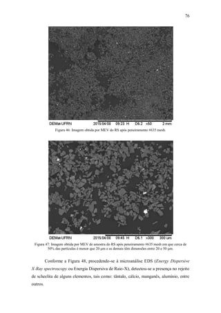 76
Figura 46: Imagem obtida por MEV do RS após peneiramento #635 mesh.
Figura 47: Imagem obtida por MEV de amostra do RS após peneiramento #635 mesh em que cerca de
50% das partículas é menor que 20 μm e as demais têm dimensões entre 20 e 50 μm.
Conforme a Figura 48, procedendo-se à microanálise EDS (Energy Dispersive
X-Ray spectroscopy ou Energia Dispersiva de Raio-X), detectou-se a presença no rejeito
de scheelita de alguns elementos, tais como: tântalo, cálcio, manganês, alumínio, entre
outros.
 