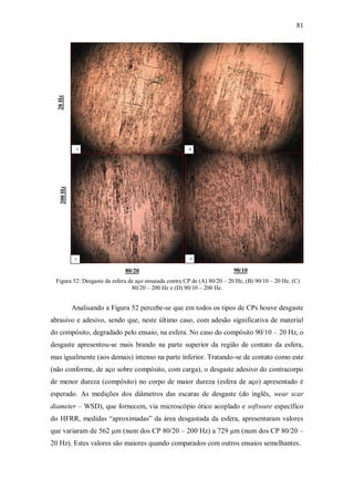 81
Figura 52: Desgaste da esfera de aço ensaiada contra CP de (A) 80/20 – 20 Hz, (B) 90/10 – 20 Hz, (C)
80/20 – 200 Hz e (D) 90/10 – 200 Hz.
Analisando a Figura 52 percebe-se que em todos os tipos de CPs houve desgaste
abrasivo e adesivo, sendo que, neste último caso, com adesão significativa de material
do compósito, degradado pelo ensaio, na esfera. No caso do compósito 90/10 – 20 Hz, o
desgaste apresentou-se mais brando na parte superior da região de contato da esfera,
mas igualmente (aos demais) intenso na parte inferior. Tratando-se de contato como este
(não conforme, de aço sobre compósito, com carga), o desgaste adesivo do contracorpo
de menor dureza (compósito) no corpo de maior dureza (esfera de aço) apresentado é
esperado. As medições dos diâmetros das escaras de desgaste (do inglês, wear scar
diameter – WSD), que fornecem, via microscópio ótico acoplado e software específico
do HFRR, medidas “aproximadas” da área desgastada da esfera, apresentaram valores
que variaram de 562 μm (num dos CP 80/20 – 200 Hz) a 729 μm (num dos CP 80/20 –
20 Hz). Estes valores são maiores quando comparados com outros ensaios semelhantes.
200
Hz
20
Hz
80/20 90/10
A B
C D
 
