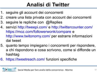 Social Media per fare analisi della concorrenza - Marmo
Analisi di Twitter
1. seguire gli account dei concorrenti
2. crear...