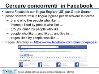 Social Media per fare analisi della concorrenza - Marmo
• usare Facebook con lingua English (US) per Graph Search
• posso ...