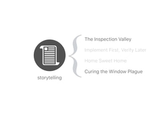 storytelling
The Inspection Valley
Implement First, Verify Later
Home Sweet Home
Curing the Window Plague
 