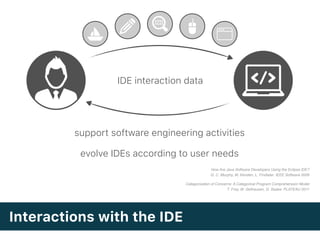 Interactions with the IDE
support software engineering activities
evolve IDEs according to user needs
How Are Java Software Developers Using the Eclipse IDE? 
G. C. Murphy, M. Kersten, L. Findlater. IEEE Software 2006
Categorization of Concerns: A Categorical Program Comprehension Model 
T. Frey, M. Gelhausen, G. Saake. PLATEAU 2011
IDE interaction data
 