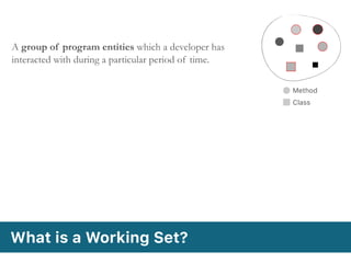 A group of program entities which a developer has
interacted with during a particular period of time.
Method
Class
What is a Working Set?
 