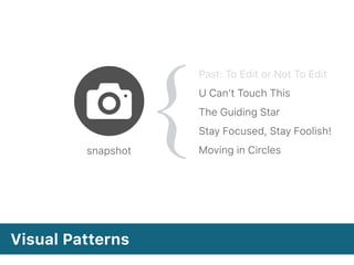 Visual Patterns
Past: To Edit or Not To Edit
U Can’t Touch This
The Guiding Star
Stay Focused, Stay Foolish!
Moving in Circlessnapshot
 