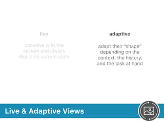 Live & Adaptive Views
live adaptive
coevolve with the
system and always
depict its current state
adapt their “shape”
depending on the
context, the history,
and the task at hand
 