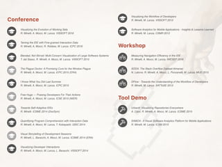 Visualizing the Evolution of Working Sets 
R. Minelli, A. Mocci, M. Lanza. VISSOFT 2016
Taming the IDE with Fine-grained Interaction Data 
R. Minelli, A, Mocci, R. Robbes, M. Lanza. ICPC 2016
Blended, Not Stirred: Multi-Concern Visualization of Large Software Systems 
T. dal Sasso, R. Minelli, A. Mocci, M. Lanza. VISSOFT 2015
The Plague Doctor: A Promising Cure for the Window Plague 
R. Minelli, A. Mocci, M. Lanza. ICPC 2015 (ERA)
I Know What You Did Last Summer 
R. Minelli, A. Mocci, M. Lanza. ICPC 2015
Free Hugs — Praising Developers For Their Actions 
R. Minelli, A. Mocci, M. Lanza. ICSE 2015 (NIER)
Towards Self-Adaptive IDEs 
R. Minelli. ICSME 2014 (DocSym)
Quantifying Program Comprehension with Interaction Data 
R. Minelli, A. Mocci, M. Lanza, T. Kobayashi. QSIC 2014
Visual Storytelling of Development Sessions 
R. Minelli, L. Baracchi, A. Mocci, M. Lanza. ICSME 2014 (ERA)
Visualizing Developer Interactions 
R. Minelli, A. Mocci, M. Lanza, L. Baracchi. VISSOFT 2014
Conference
Visualizing the Workﬂow of Developers 
R. Minelli, M. Lanza. VISSOFT 2013
Software Analytics for Mobile Applications - Insights & Lessons Learned 
R. Minelli, M. Lanza. CSMR 2013
Measuring Navigation Efﬁciency in the IDE 
R. Minelli, A. Mocci, M. Lanza. IWESEP 2016
SODA: The Stack Overﬂow Dataset Almanac 
N. Latorre, R. Minelli, A, Mocci, L. Ponzanelli, M. Lanza. MUD 2015
DFlow - Towards the Understanding of the Workﬂow of Developers 
R. Minelli, M. Lanza. SATToSE 2013
UrbanIt: Visualizing Repositories Everywhere 
A. Ciani, R. Minelli, A. Mocci, M. Lanza. ICSME 2015
SAMOA - A Visual Software Analytics Platform for Mobile Applications 
R. Minelli, M. Lanza. ICSM 2013
Workshop
Tool Demo
 