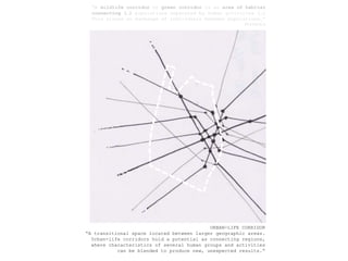 “A wildlife corridor or green corridor is an area of habitatconnecting (…) populations separated by human activities (…)This allows an exchange of individuals between populations…”WikipediaURBAN-LIFE CORRIDOR“A transitionalspacelocatedbetweenlargergeographicareas.Urban-lifecorridorshold a potential as connectingregions,wherecharacteristics of severalhumangroups and activitiescan beblendedto produce new, unexpectedresults.”