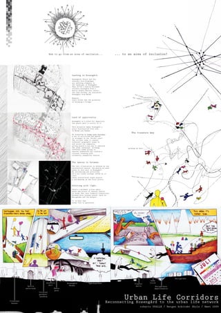 How to go from an area of exclusion...                    ... to an area of inclusion?




                                                   Landing in Rosengård.
                                                   Rosengårds fältet and the
                                                   adjacent Inre Ringvägen
                                                   are defining elements in




                                                                                                                                lo
                                                   the landscape of Rosengård.




                                                                                                                                 ng
                                                   They divide a mostly-European




                                                                                                                                     te
                                                   southern Rosengård from a




                                                                                                                                                                              ce
                                                                                                                                      rm
                                                   mostly middle Eastern center;




                                                                                                                                                                            en
                                                                                                                                                                          ri
                                                                                                                                          me
                                                   the road divides (an evacuates)




                                                                                                                                                                        pe
                                                                                                                                           mo
                                                   Rosengård from Malmö.                                       ice
                                                                                                                   -cr




                                                                                                                                                                      ex
                                                                                                                                               ry
                                                                                                                     eam
                                                   However,                                                 the ra
                                                                                                                   bbit!
                                                   every border has the potential
                                                   of becoming a bridge.
                                                                                                                          ngs
                                                                                                                  rawi
                                                                                                             ke d
                                                                                                        a ma
                                                                                                 I wann




                                                   Land of opportunity.
                                                   Rosengård is a place for departure:
                                                   few people want to arrive in it.

                                                   This situation makes Rosengård a
                                                   place disconnected from life
                                                   in Malmö and Sweden.
                                                                                                           The treasure map
                                                   By proposing an Urban Life Corridor,
                                                   a set of activities and spaces
                                                   is arranged in the “border zone”.
                                                   The corridor aims to connect
                                                   different geographic areas in
                                                   and around the community,
                                                   giving people a new way to approach
                                                   the urban landscape, allowing                       growing up here
                                                   different human groups to
                                                   express themselves and conform a
                                                   cultural blending with
                                                   ultimately unexpected results.



                                                   The spaces in between.
                                                   The left illustration is defined by the
                                                   interstitial spaces: the mostly un-used
                                                   zones in this part in Rosengård.
                                                   By introducing new activities
                                                   in a non-linear arrange (shown by co-
                                                   lour)                                                   here and
                                                   these interstitial areas acquire                                 now
                                                   a new meaning as new focal points.
                                                                                                                   to
                                                                                                                      mor
                                                                                                                         ro




                                                   Painting with light.
                                                                                                                            w




                                                   People’s movement across space
                                                                                                                            .




                                                   shows new points of tension (knots)
                                                                                                                          ..




                                                   in areas that were formerly transitions
                                                                                                                       an




                                                   between more intense places (such as
                                                                                                                   ke
                                                                                                                  li




                                                   Herrgården and the mosque).
                                                                                                               y
                                                                                                             fl




                                                   It is here that
                                                   urban life is generated.




                                                                                                                                                         Herrgården
                                                                                                                                  Game
                              Graffiti         Rosengård            Ögårdsparken                                                 block
                                                                                                               Playful
                                wall             Moské                                                          walls
             Sports                                                                                                                        Herrgårdens
            watertank                 Skate                                                                                               Amphitheatre
                                       park
                        Colonial
                        gardens’


Itinerant
                         sandbox
                                                                                                 Urban Life Corridors
                                                                                         Reconnecting Rosengård to the urban life network
 bazaar
                                                                                                                          roberto OVALLE / Bergen Arkitekt Skole / Høst 2009
 