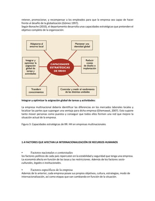 retener, promocionar, y recompensar a los empleados para que la empresa sea capaz de hacer
frente al desafío de la globalización (Gómez 1997).
Según Bonache (2010), el departamento desarrolla unas capacidades estratégicas que pretenden el
objetivo completo de la organización:
Integrar y optimizar la asignación global de tareas y actividades:
La empresa multinacional debería identificar las diferencias en los mercados laborales locales y
localizar las partes que supongan una ventaja para dicha empresa (Ghemawat, 2007). Esto supone
tanto mover personas como puestos y conseguir que todos ellos formen una red que mejore la
situación actual de la empresa.
Figura 3: Capacidades estratégicas de RR. HH en empresas multinacionales
1.4 FACTORES QUE AFECTAN LA INTERNACIONALIZACIÓN DE RECURSOS HUMANOS
• Factores nacionales o contextuales
los factores políticos de cada país repercuten en la estabilidad y seguridad que tenga una empresa.
La economía afecta en función de las tasas y las restricciones. Además de los factores socio-
culturales, legales e institucionales.
• Factores específicos de la empresa
Además de lo anterior, cada empresa posee sus propios objetivos, cultura, estrategias, modo de
internacionalización, así como etapas que van cambiando en función de la situación.
 