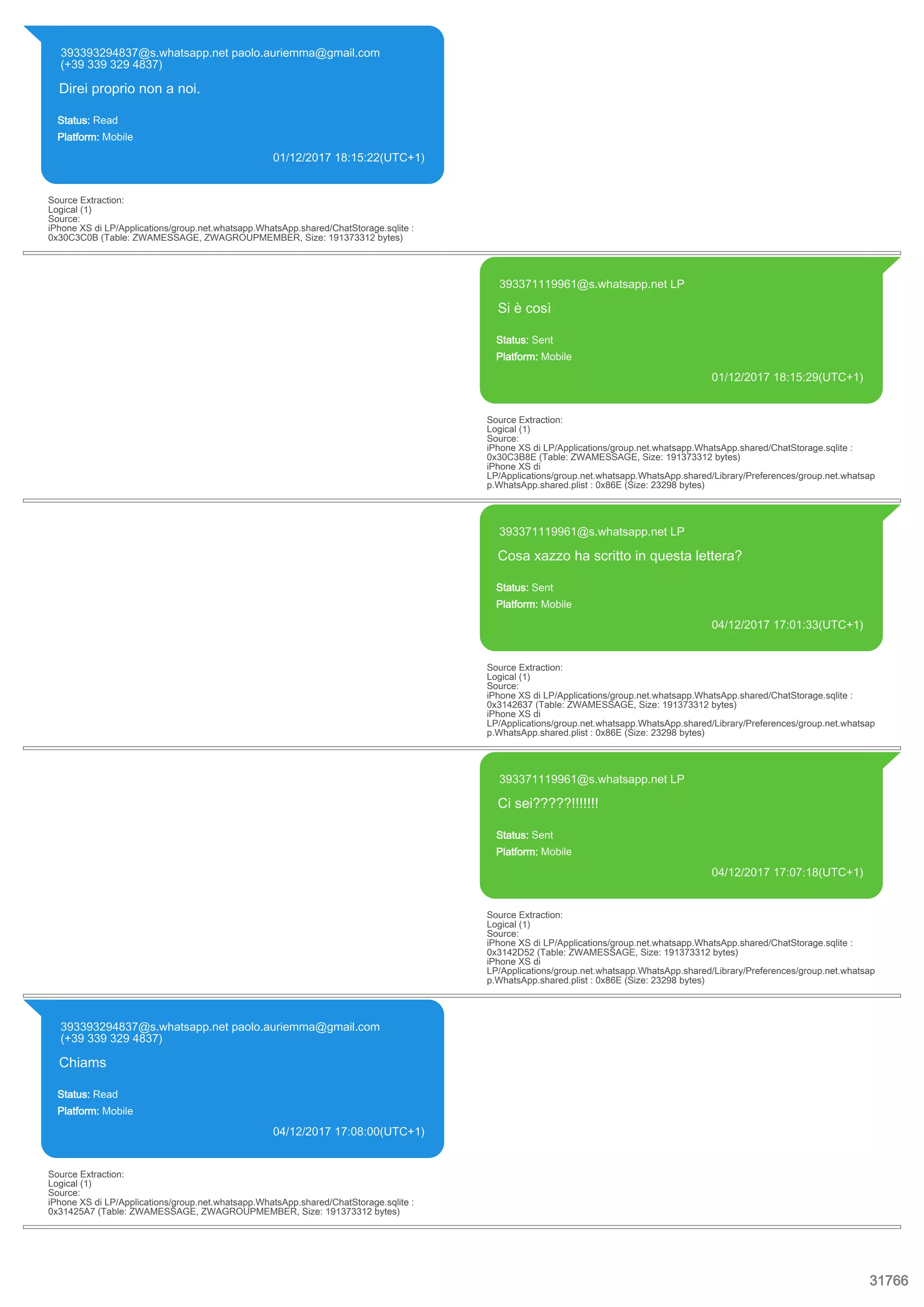 393393294837@s.whatsapp.net paolo.auriemma@gmail.com
(+39 339 329 4837)
Direi proprio non a noi.
Status: Read
Platform: Mobile
01/12/2017 18:15:22(UTC+1)
Source Extraction:
Logical (1)
Source:
iPhone XS di LP/Applications/group.net.whatsapp.WhatsApp.shared/ChatStorage.sqlite :
0x30C3C0B (Table: ZWAMESSAGE, ZWAGROUPMEMBER, Size: 191373312 bytes)
393371119961@s.whatsapp.net LP
Si è così
Status: Sent
Platform: Mobile
01/12/2017 18:15:29(UTC+1)
Source Extraction:
Logical (1)
Source:
iPhone XS di LP/Applications/group.net.whatsapp.WhatsApp.shared/ChatStorage.sqlite :
0x30C3B8E (Table: ZWAMESSAGE, Size: 191373312 bytes)
iPhone XS di
LP/Applications/group.net.whatsapp.WhatsApp.shared/Library/Preferences/group.net.whatsap
p.WhatsApp.shared.plist : 0x86E (Size: 23298 bytes)
393371119961@s.whatsapp.net LP
Cosa xazzo ha scritto in questa lettera?
Status: Sent
Platform: Mobile
04/12/2017 17:01:33(UTC+1)
Source Extraction:
Logical (1)
Source:
iPhone XS di LP/Applications/group.net.whatsapp.WhatsApp.shared/ChatStorage.sqlite :
0x3142637 (Table: ZWAMESSAGE, Size: 191373312 bytes)
iPhone XS di
LP/Applications/group.net.whatsapp.WhatsApp.shared/Library/Preferences/group.net.whatsap
p.WhatsApp.shared.plist : 0x86E (Size: 23298 bytes)
393371119961@s.whatsapp.net LP
Ci sei?????!!!!!!!
Status: Sent
Platform: Mobile
04/12/2017 17:07:18(UTC+1)
Source Extraction:
Logical (1)
Source:
iPhone XS di LP/Applications/group.net.whatsapp.WhatsApp.shared/ChatStorage.sqlite :
0x3142D52 (Table: ZWAMESSAGE, Size: 191373312 bytes)
iPhone XS di
LP/Applications/group.net.whatsapp.WhatsApp.shared/Library/Preferences/group.net.whatsap
p.WhatsApp.shared.plist : 0x86E (Size: 23298 bytes)
393393294837@s.whatsapp.net paolo.auriemma@gmail.com
(+39 339 329 4837)
Chiams
Status: Read
Platform: Mobile
04/12/2017 17:08:00(UTC+1)
Source Extraction:
Logical (1)
Source:
iPhone XS di LP/Applications/group.net.whatsapp.WhatsApp.shared/ChatStorage.sqlite :
0x31425A7 (Table: ZWAMESSAGE, ZWAGROUPMEMBER, Size: 191373312 bytes)
31766
 