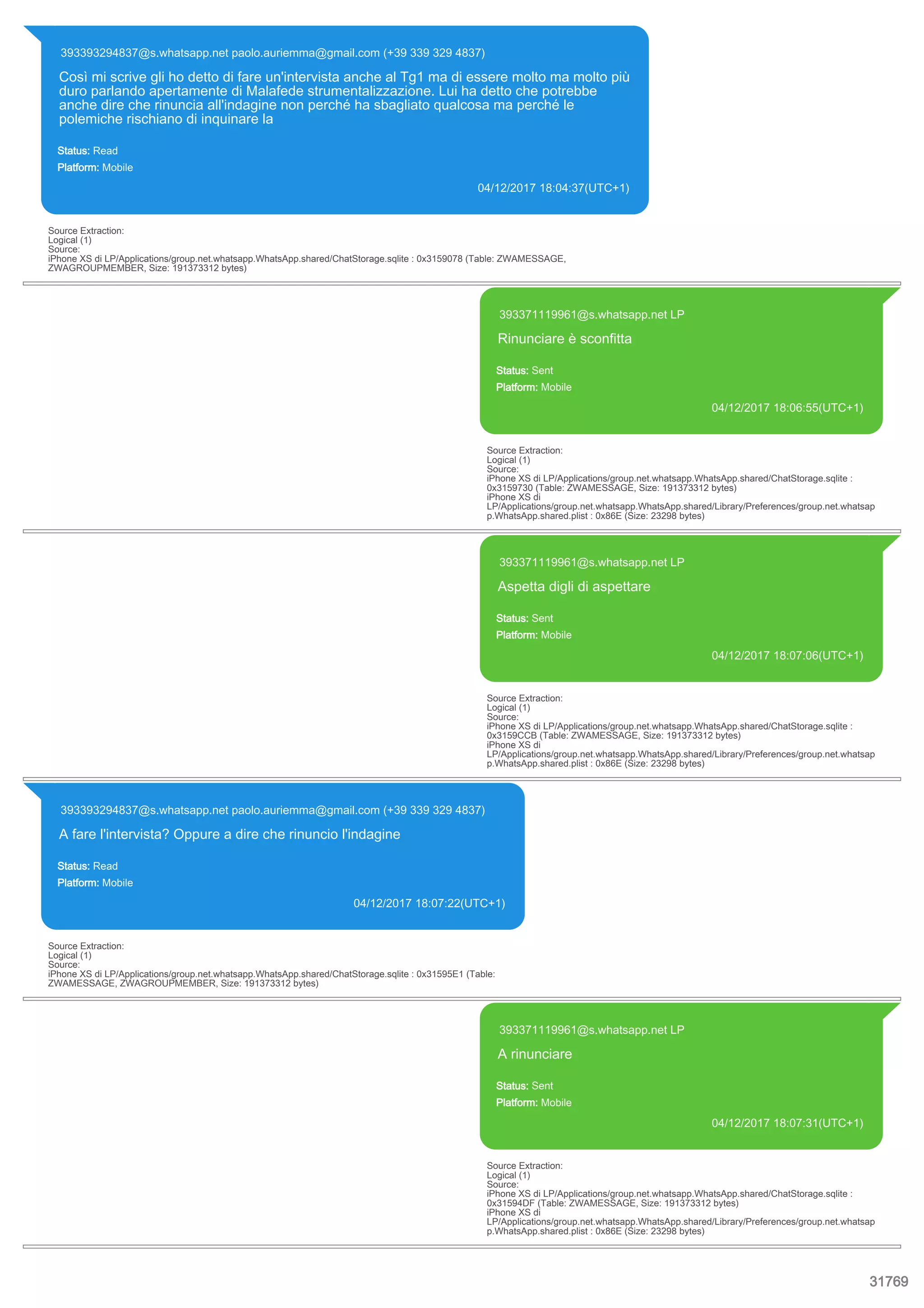 393393294837@s.whatsapp.net paolo.auriemma@gmail.com (+39 339 329 4837)
Così mi scrive gli ho detto di fare un'intervista anche al Tg1 ma di essere molto ma molto più
duro parlando apertamente di Malafede strumentalizzazione. Lui ha detto che potrebbe
anche dire che rinuncia all'indagine non perché ha sbagliato qualcosa ma perché le
polemiche rischiano di inquinare la
Status: Read
Platform: Mobile
04/12/2017 18:04:37(UTC+1)
Source Extraction:
Logical (1)
Source:
iPhone XS di LP/Applications/group.net.whatsapp.WhatsApp.shared/ChatStorage.sqlite : 0x3159078 (Table: ZWAMESSAGE,
ZWAGROUPMEMBER, Size: 191373312 bytes)
393371119961@s.whatsapp.net LP
Rinunciare è sconfitta
Status: Sent
Platform: Mobile
04/12/2017 18:06:55(UTC+1)
Source Extraction:
Logical (1)
Source:
iPhone XS di LP/Applications/group.net.whatsapp.WhatsApp.shared/ChatStorage.sqlite :
0x3159730 (Table: ZWAMESSAGE, Size: 191373312 bytes)
iPhone XS di
LP/Applications/group.net.whatsapp.WhatsApp.shared/Library/Preferences/group.net.whatsap
p.WhatsApp.shared.plist : 0x86E (Size: 23298 bytes)
393371119961@s.whatsapp.net LP
Aspetta digli di aspettare
Status: Sent
Platform: Mobile
04/12/2017 18:07:06(UTC+1)
Source Extraction:
Logical (1)
Source:
iPhone XS di LP/Applications/group.net.whatsapp.WhatsApp.shared/ChatStorage.sqlite :
0x3159CCB (Table: ZWAMESSAGE, Size: 191373312 bytes)
iPhone XS di
LP/Applications/group.net.whatsapp.WhatsApp.shared/Library/Preferences/group.net.whatsap
p.WhatsApp.shared.plist : 0x86E (Size: 23298 bytes)
393393294837@s.whatsapp.net paolo.auriemma@gmail.com (+39 339 329 4837)
A fare l'intervista? Oppure a dire che rinuncio l'indagine
Status: Read
Platform: Mobile
04/12/2017 18:07:22(UTC+1)
Source Extraction:
Logical (1)
Source:
iPhone XS di LP/Applications/group.net.whatsapp.WhatsApp.shared/ChatStorage.sqlite : 0x31595E1 (Table:
ZWAMESSAGE, ZWAGROUPMEMBER, Size: 191373312 bytes)
393371119961@s.whatsapp.net LP
A rinunciare
Status: Sent
Platform: Mobile
04/12/2017 18:07:31(UTC+1)
Source Extraction:
Logical (1)
Source:
iPhone XS di LP/Applications/group.net.whatsapp.WhatsApp.shared/ChatStorage.sqlite :
0x31594DF (Table: ZWAMESSAGE, Size: 191373312 bytes)
iPhone XS di
LP/Applications/group.net.whatsapp.WhatsApp.shared/Library/Preferences/group.net.whatsap
p.WhatsApp.shared.plist : 0x86E (Size: 23298 bytes)
31769
 