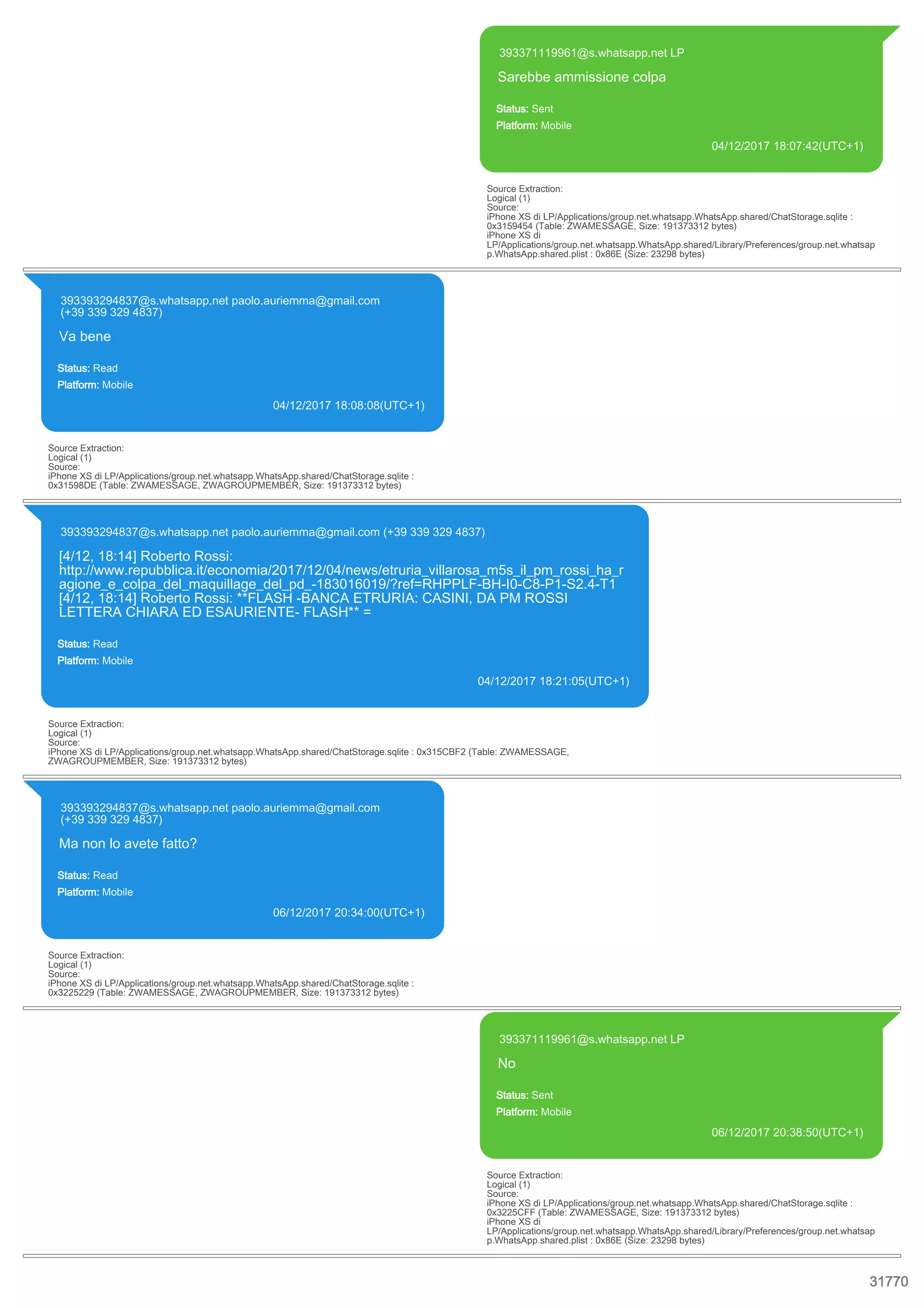 393371119961@s.whatsapp.net LP
Sarebbe ammissione colpa
Status: Sent
Platform: Mobile
04/12/2017 18:07:42(UTC+1)
Source Extraction:
Logical (1)
Source:
iPhone XS di LP/Applications/group.net.whatsapp.WhatsApp.shared/ChatStorage.sqlite :
0x3159454 (Table: ZWAMESSAGE, Size: 191373312 bytes)
iPhone XS di
LP/Applications/group.net.whatsapp.WhatsApp.shared/Library/Preferences/group.net.whatsap
p.WhatsApp.shared.plist : 0x86E (Size: 23298 bytes)
393393294837@s.whatsapp.net paolo.auriemma@gmail.com
(+39 339 329 4837)
Va bene
Status: Read
Platform: Mobile
04/12/2017 18:08:08(UTC+1)
Source Extraction:
Logical (1)
Source:
iPhone XS di LP/Applications/group.net.whatsapp.WhatsApp.shared/ChatStorage.sqlite :
0x31598DE (Table: ZWAMESSAGE, ZWAGROUPMEMBER, Size: 191373312 bytes)
393393294837@s.whatsapp.net paolo.auriemma@gmail.com (+39 339 329 4837)
[4/12, 18:14] Roberto Rossi:
http://www.repubblica.it/economia/2017/12/04/news/etruria_villarosa_m5s_il_pm_rossi_ha_r
agione_e_colpa_del_maquillage_del_pd_-183016019/?ref=RHPPLF-BH-I0-C8-P1-S2.4-T1
[4/12, 18:14] Roberto Rossi: **FLASH -BANCA ETRURIA: CASINI, DA PM ROSSI
LETTERA CHIARA ED ESAURIENTE- FLASH** =
Status: Read
Platform: Mobile
04/12/2017 18:21:05(UTC+1)
Source Extraction:
Logical (1)
Source:
iPhone XS di LP/Applications/group.net.whatsapp.WhatsApp.shared/ChatStorage.sqlite : 0x315CBF2 (Table: ZWAMESSAGE,
ZWAGROUPMEMBER, Size: 191373312 bytes)
393393294837@s.whatsapp.net paolo.auriemma@gmail.com
(+39 339 329 4837)
Ma non lo avete fatto?
Status: Read
Platform: Mobile
06/12/2017 20:34:00(UTC+1)
Source Extraction:
Logical (1)
Source:
iPhone XS di LP/Applications/group.net.whatsapp.WhatsApp.shared/ChatStorage.sqlite :
0x3225229 (Table: ZWAMESSAGE, ZWAGROUPMEMBER, Size: 191373312 bytes)
393371119961@s.whatsapp.net LP
No
Status: Sent
Platform: Mobile
06/12/2017 20:38:50(UTC+1)
Source Extraction:
Logical (1)
Source:
iPhone XS di LP/Applications/group.net.whatsapp.WhatsApp.shared/ChatStorage.sqlite :
0x3225CFF (Table: ZWAMESSAGE, Size: 191373312 bytes)
iPhone XS di
LP/Applications/group.net.whatsapp.WhatsApp.shared/Library/Preferences/group.net.whatsap
p.WhatsApp.shared.plist : 0x86E (Size: 23298 bytes)
31770
 