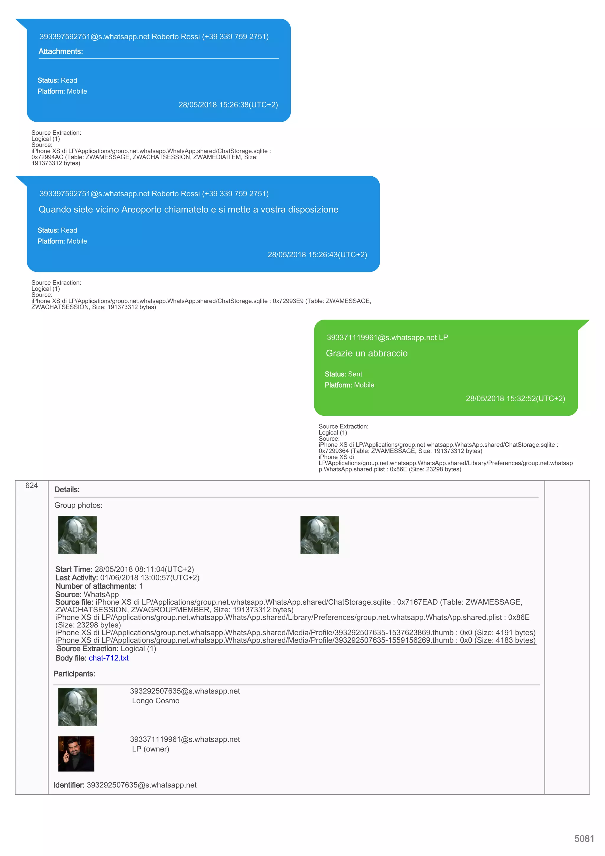 393397592751@s.whatsapp.net Roberto Rossi (+39 339 759 2751)
Attachments:
Status: Read
Platform: Mobile
28/05/2018 15:26:38(UTC+2)
Source Extraction:
Logical (1)
Source:
iPhone XS di LP/Applications/group.net.whatsapp.WhatsApp.shared/ChatStorage.sqlite :
0x72994AC (Table: ZWAMESSAGE, ZWACHATSESSION, ZWAMEDIAITEM, Size:
191373312 bytes)
393397592751@s.whatsapp.net Roberto Rossi (+39 339 759 2751)
Quando siete vicino Areoporto chiamatelo e si mette a vostra disposizione
Status: Read
Platform: Mobile
28/05/2018 15:26:43(UTC+2)
Source Extraction:
Logical (1)
Source:
iPhone XS di LP/Applications/group.net.whatsapp.WhatsApp.shared/ChatStorage.sqlite : 0x72993E9 (Table: ZWAMESSAGE,
ZWACHATSESSION, Size: 191373312 bytes)
393371119961@s.whatsapp.net LP
Grazie un abbraccio
Status: Sent
Platform: Mobile
28/05/2018 15:32:52(UTC+2)
Source Extraction:
Logical (1)
Source:
iPhone XS di LP/Applications/group.net.whatsapp.WhatsApp.shared/ChatStorage.sqlite :
0x7299364 (Table: ZWAMESSAGE, Size: 191373312 bytes)
iPhone XS di
LP/Applications/group.net.whatsapp.WhatsApp.shared/Library/Preferences/group.net.whatsap
p.WhatsApp.shared.plist : 0x86E (Size: 23298 bytes)
624
Details:
Group photos:
Start Time: 28/05/2018 08:11:04(UTC+2)
Last Activity: 01/06/2018 13:00:57(UTC+2)
Number of attachments: 1
Source: WhatsApp
Source file: iPhone XS di LP/Applications/group.net.whatsapp.WhatsApp.shared/ChatStorage.sqlite : 0x7167EAD (Table: ZWAMESSAGE,
ZWACHATSESSION, ZWAGROUPMEMBER, Size: 191373312 bytes)
iPhone XS di LP/Applications/group.net.whatsapp.WhatsApp.shared/Library/Preferences/group.net.whatsapp.WhatsApp.shared.plist : 0x86E
(Size: 23298 bytes)
iPhone XS di LP/Applications/group.net.whatsapp.WhatsApp.shared/Media/Profile/393292507635-1537623869.thumb : 0x0 (Size: 4191 bytes)
iPhone XS di LP/Applications/group.net.whatsapp.WhatsApp.shared/Media/Profile/393292507635-1559156269.thumb : 0x0 (Size: 4183 bytes)
Source Extraction: Logical (1)
Body file: chat-712.txt
Participants:
393292507635@s.whatsapp.net
Longo Cosmo
393371119961@s.whatsapp.net
LP (owner)
Identifier: 393292507635@s.whatsapp.net
5081
 