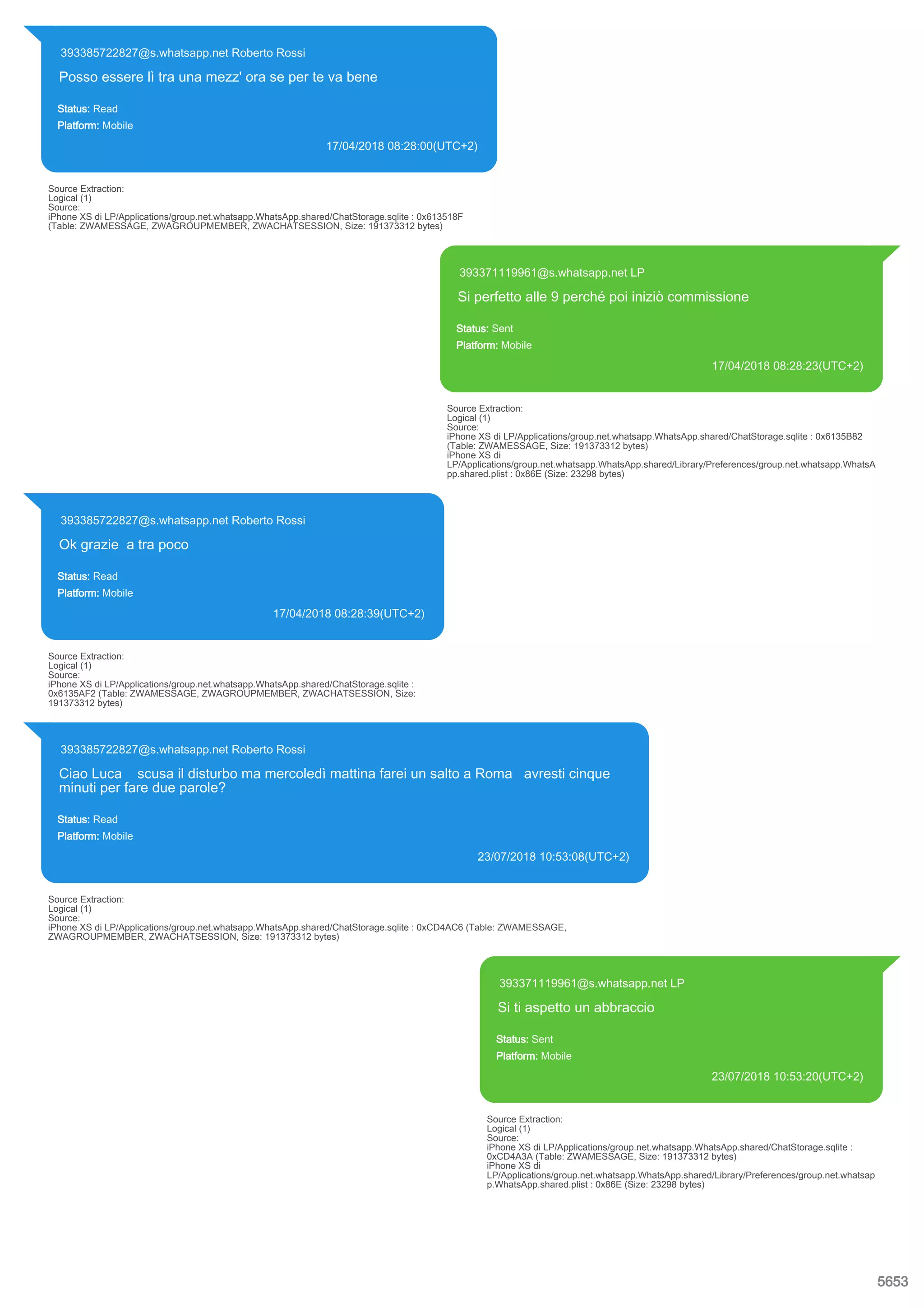 393385722827@s.whatsapp.net Roberto Rossi
Posso essere lì tra una mezz' ora se per te va bene
Status: Read
Platform: Mobile
17/04/2018 08:28:00(UTC+2)
Source Extraction:
Logical (1)
Source:
iPhone XS di LP/Applications/group.net.whatsapp.WhatsApp.shared/ChatStorage.sqlite : 0x613518F
(Table: ZWAMESSAGE, ZWAGROUPMEMBER, ZWACHATSESSION, Size: 191373312 bytes)
393371119961@s.whatsapp.net LP
Si perfetto alle 9 perché poi iniziò commissione
Status: Sent
Platform: Mobile
17/04/2018 08:28:23(UTC+2)
Source Extraction:
Logical (1)
Source:
iPhone XS di LP/Applications/group.net.whatsapp.WhatsApp.shared/ChatStorage.sqlite : 0x6135B82
(Table: ZWAMESSAGE, Size: 191373312 bytes)
iPhone XS di
LP/Applications/group.net.whatsapp.WhatsApp.shared/Library/Preferences/group.net.whatsapp.WhatsA
pp.shared.plist : 0x86E (Size: 23298 bytes)
393385722827@s.whatsapp.net Roberto Rossi
Ok grazie a tra poco
Status: Read
Platform: Mobile
17/04/2018 08:28:39(UTC+2)
Source Extraction:
Logical (1)
Source:
iPhone XS di LP/Applications/group.net.whatsapp.WhatsApp.shared/ChatStorage.sqlite :
0x6135AF2 (Table: ZWAMESSAGE, ZWAGROUPMEMBER, ZWACHATSESSION, Size:
191373312 bytes)
393385722827@s.whatsapp.net Roberto Rossi
Ciao Luca scusa il disturbo ma mercoledì mattina farei un salto a Roma avresti cinque
minuti per fare due parole?
Status: Read
Platform: Mobile
23/07/2018 10:53:08(UTC+2)
Source Extraction:
Logical (1)
Source:
iPhone XS di LP/Applications/group.net.whatsapp.WhatsApp.shared/ChatStorage.sqlite : 0xCD4AC6 (Table: ZWAMESSAGE,
ZWAGROUPMEMBER, ZWACHATSESSION, Size: 191373312 bytes)
393371119961@s.whatsapp.net LP
Si ti aspetto un abbraccio
Status: Sent
Platform: Mobile
23/07/2018 10:53:20(UTC+2)
Source Extraction:
Logical (1)
Source:
iPhone XS di LP/Applications/group.net.whatsapp.WhatsApp.shared/ChatStorage.sqlite :
0xCD4A3A (Table: ZWAMESSAGE, Size: 191373312 bytes)
iPhone XS di
LP/Applications/group.net.whatsapp.WhatsApp.shared/Library/Preferences/group.net.whatsap
p.WhatsApp.shared.plist : 0x86E (Size: 23298 bytes)
5653
 