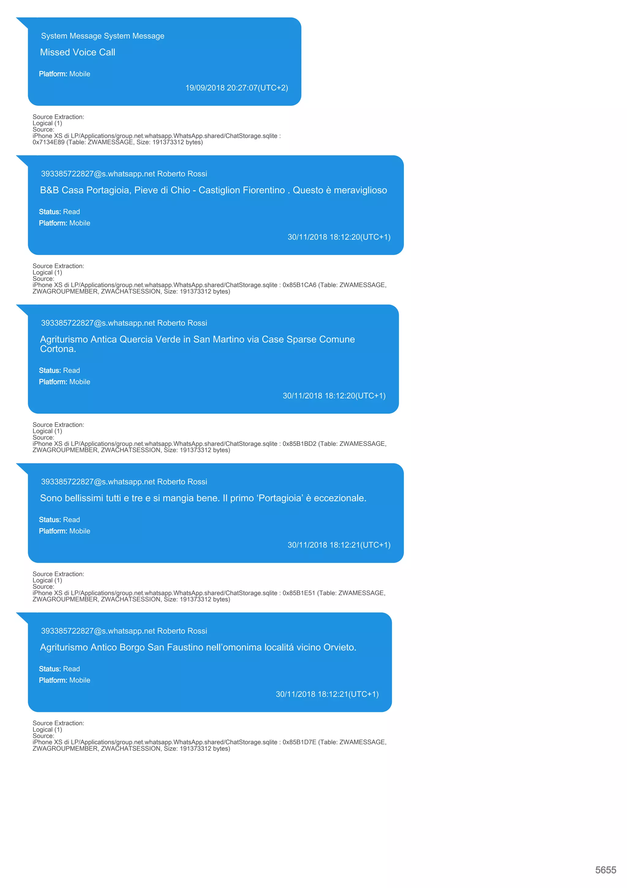 System Message System Message
Missed Voice Call
Platform: Mobile
19/09/2018 20:27:07(UTC+2)
Source Extraction:
Logical (1)
Source:
iPhone XS di LP/Applications/group.net.whatsapp.WhatsApp.shared/ChatStorage.sqlite :
0x7134E89 (Table: ZWAMESSAGE, Size: 191373312 bytes)
393385722827@s.whatsapp.net Roberto Rossi
B&B Casa Portagioia, Pieve di Chio - Castiglion Fiorentino . Questo è meraviglioso
Status: Read
Platform: Mobile
30/11/2018 18:12:20(UTC+1)
Source Extraction:
Logical (1)
Source:
iPhone XS di LP/Applications/group.net.whatsapp.WhatsApp.shared/ChatStorage.sqlite : 0x85B1CA6 (Table: ZWAMESSAGE,
ZWAGROUPMEMBER, ZWACHATSESSION, Size: 191373312 bytes)
393385722827@s.whatsapp.net Roberto Rossi
Agriturismo Antica Quercia Verde in San Martino via Case Sparse Comune
Cortona.
Status: Read
Platform: Mobile
30/11/2018 18:12:20(UTC+1)
Source Extraction:
Logical (1)
Source:
iPhone XS di LP/Applications/group.net.whatsapp.WhatsApp.shared/ChatStorage.sqlite : 0x85B1BD2 (Table: ZWAMESSAGE,
ZWAGROUPMEMBER, ZWACHATSESSION, Size: 191373312 bytes)
393385722827@s.whatsapp.net Roberto Rossi
Sono bellissimi tutti e tre e si mangia bene. Il primo ‘Portagioia’ è eccezionale.
Status: Read
Platform: Mobile
30/11/2018 18:12:21(UTC+1)
Source Extraction:
Logical (1)
Source:
iPhone XS di LP/Applications/group.net.whatsapp.WhatsApp.shared/ChatStorage.sqlite : 0x85B1E51 (Table: ZWAMESSAGE,
ZWAGROUPMEMBER, ZWACHATSESSION, Size: 191373312 bytes)
393385722827@s.whatsapp.net Roberto Rossi
Agriturismo Antico Borgo San Faustino nell’omonima localitá vicino Orvieto.
Status: Read
Platform: Mobile
30/11/2018 18:12:21(UTC+1)
Source Extraction:
Logical (1)
Source:
iPhone XS di LP/Applications/group.net.whatsapp.WhatsApp.shared/ChatStorage.sqlite : 0x85B1D7E (Table: ZWAMESSAGE,
ZWAGROUPMEMBER, ZWACHATSESSION, Size: 191373312 bytes)
5655
 