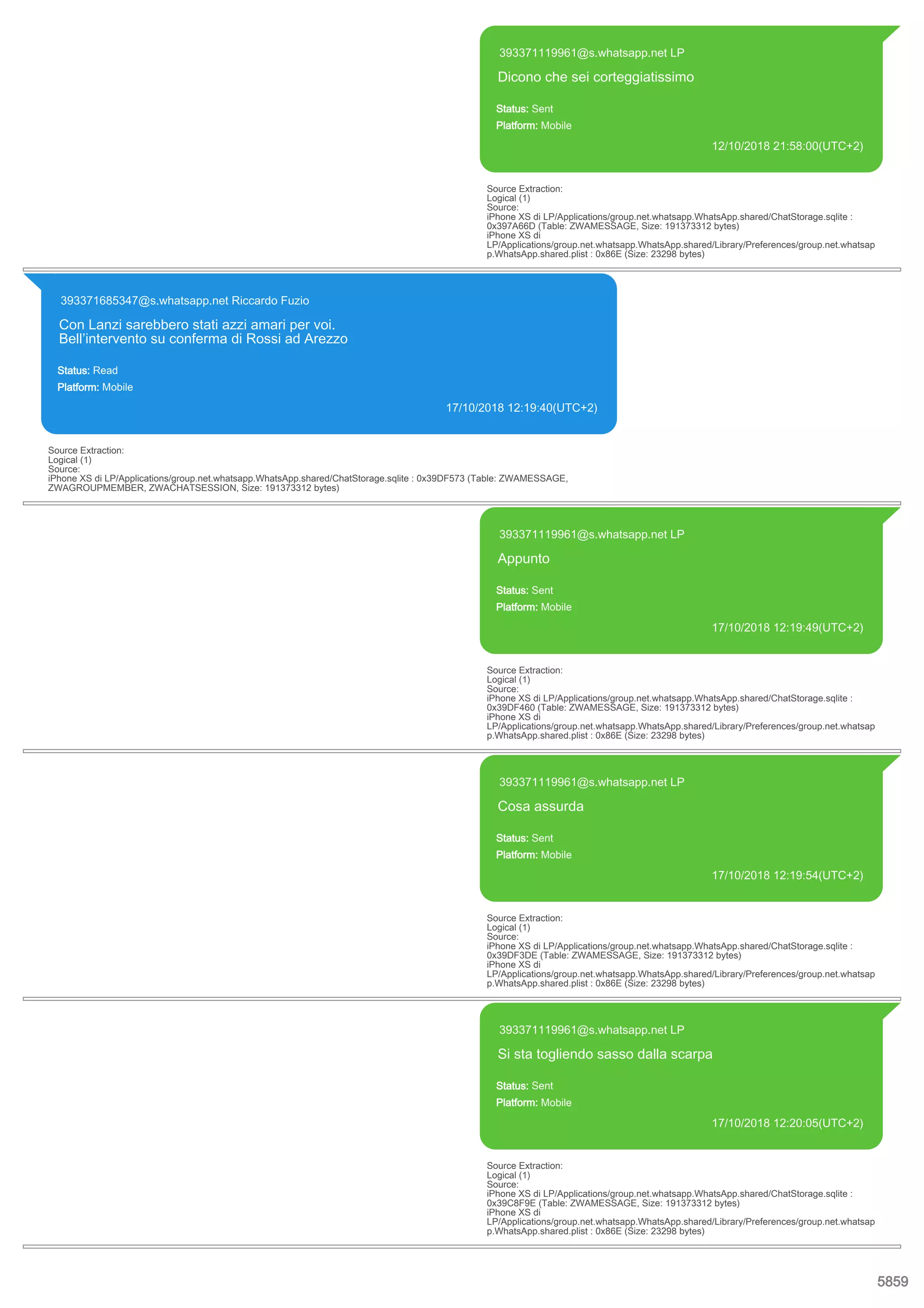 393371119961@s.whatsapp.net LP
Dicono che sei corteggiatissimo
Status: Sent
Platform: Mobile
12/10/2018 21:58:00(UTC+2)
Source Extraction:
Logical (1)
Source:
iPhone XS di LP/Applications/group.net.whatsapp.WhatsApp.shared/ChatStorage.sqlite :
0x397A66D (Table: ZWAMESSAGE, Size: 191373312 bytes)
iPhone XS di
LP/Applications/group.net.whatsapp.WhatsApp.shared/Library/Preferences/group.net.whatsap
p.WhatsApp.shared.plist : 0x86E (Size: 23298 bytes)
393371685347@s.whatsapp.net Riccardo Fuzio
Con Lanzi sarebbero stati azzi amari per voi.
Bell’intervento su conferma di Rossi ad Arezzo
Status: Read
Platform: Mobile
17/10/2018 12:19:40(UTC+2)
Source Extraction:
Logical (1)
Source:
iPhone XS di LP/Applications/group.net.whatsapp.WhatsApp.shared/ChatStorage.sqlite : 0x39DF573 (Table: ZWAMESSAGE,
ZWAGROUPMEMBER, ZWACHATSESSION, Size: 191373312 bytes)
393371119961@s.whatsapp.net LP
Appunto
Status: Sent
Platform: Mobile
17/10/2018 12:19:49(UTC+2)
Source Extraction:
Logical (1)
Source:
iPhone XS di LP/Applications/group.net.whatsapp.WhatsApp.shared/ChatStorage.sqlite :
0x39DF460 (Table: ZWAMESSAGE, Size: 191373312 bytes)
iPhone XS di
LP/Applications/group.net.whatsapp.WhatsApp.shared/Library/Preferences/group.net.whatsap
p.WhatsApp.shared.plist : 0x86E (Size: 23298 bytes)
393371119961@s.whatsapp.net LP
Cosa assurda
Status: Sent
Platform: Mobile
17/10/2018 12:19:54(UTC+2)
Source Extraction:
Logical (1)
Source:
iPhone XS di LP/Applications/group.net.whatsapp.WhatsApp.shared/ChatStorage.sqlite :
0x39DF3DE (Table: ZWAMESSAGE, Size: 191373312 bytes)
iPhone XS di
LP/Applications/group.net.whatsapp.WhatsApp.shared/Library/Preferences/group.net.whatsap
p.WhatsApp.shared.plist : 0x86E (Size: 23298 bytes)
393371119961@s.whatsapp.net LP
Si sta togliendo sasso dalla scarpa
Status: Sent
Platform: Mobile
17/10/2018 12:20:05(UTC+2)
Source Extraction:
Logical (1)
Source:
iPhone XS di LP/Applications/group.net.whatsapp.WhatsApp.shared/ChatStorage.sqlite :
0x39C8F9E (Table: ZWAMESSAGE, Size: 191373312 bytes)
iPhone XS di
LP/Applications/group.net.whatsapp.WhatsApp.shared/Library/Preferences/group.net.whatsap
p.WhatsApp.shared.plist : 0x86E (Size: 23298 bytes)
5859
 