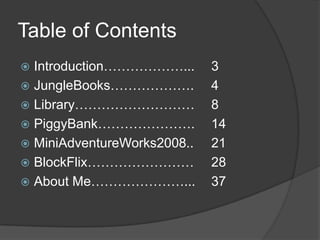 Table of ContentsIntroduction………………...	3JungleBooks……………….	4Library………………………	8PiggyBank………………….	14MiniAdventureWorks2008..	21BlockFlix……………………	28About Me…………………...	37