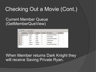 Checking Out a Movie (Cont.)Current Member Queue (GetMemberQueView)When Member returns Dark Knight they will receive Saving Private Ryan. 
