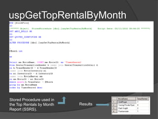 uspGetTopRentalByMonthStored Procedure used in the Top Rentals by Month Report (SSRS).Results