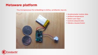•Accelerometer motion data 
•Ambient temperature 
•Detect user input 
•Control onboardLEDs 
•Vibrate a buzzer/motor 
Tiny microprocessor for embedding in clothes, wristbands, toys etc.  