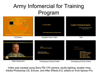 Army Infomercial for Training Program Title Spotlight fade-in titles Video was created using Sony PD-170 camera, studio lighting, lavalier mics, Adobe Photoshop CS, Encore, and After Effects 6.5; edited on Avid Xpress Pro. Video Screenshot Overlapping Ending Credits Overlapping Ending Credits DVD Menu 