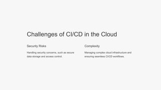 Challenges of CI/CD in the Cloud
Security Risks
Handling security concerns, such as secure
data storage and access control.
Complexity
Managing complex cloud infrastructure and
ensuring seamless CI/CD workflows.