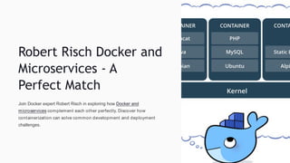 Robert Risch Docker and
Microservices - A
Perfect Match
Join Docker expert Robert Risch in exploring how Docker and
microservices complement each other perfectly. Discover how
containerization can solve common development and deployment
challenges.
 