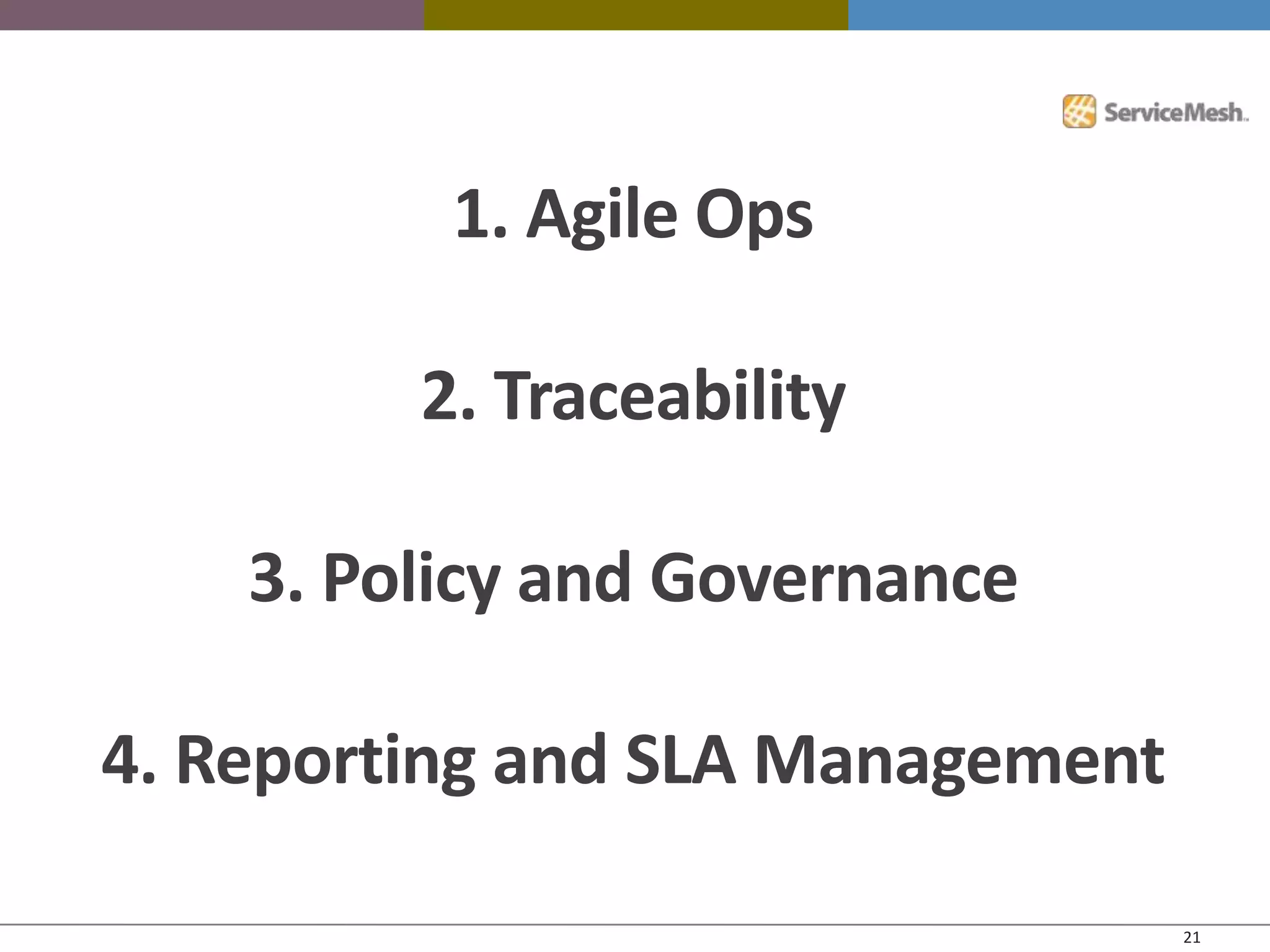 1. Agile Ops

         2. Traceability

    3. Policy and Governance

4. Reporting and SLA Management

                                  21
 