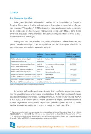 2. FINEP

2.a. Programa Juro Zero

     O Programa Juro Zero foi concebido, no âmbito da Financiadora de Estudos e
Projetos (Finep), com a finalidade de estimular o desenvolvimento das Micro e Peque-
nas Empresas12 “Inovadoras” (MPEI’s) brasileiras nos aspectos gerenciais, comerciais,
de processo ou de produtos/serviços viabilizando o acesso ao crédito por parte dessas
empresas, através do financiamento de itens com vinculação direta ou indireta às ativi-
dades de inovação tecnológica.

     O Programa Juro Zero atende a cinco estados brasileiros, cada qual com seu res-
pectivo parceiro estratégico,13 setores apoiados e tem data limite para submissão de
proposta, como apresentado no quadro a seguir:


     Parceiro                                       Região de         Setores apoiados                           Data-limite para
                                                    atuação                                                      submissão da proposta
     Núcleo de Gestão do Porto Digital              Estado de         Software (TIC)                                   12/03/2008
     (www.portodigital.com.br)                      Pernambuco
     Federação das Indústrias de Minas Gerais – Estado de             Semicondutores (Microeletrônica)                 02/07/2007
     FIEMG (www.fiemg.com.br)                       Minas Gerais      Software (TIC)
     Federação das Indústrias do Estado do          Estado do         Bens de Capital                                  30/04/2007
     Paraná – FIEPR (www.fiepr.org.br)              Paraná            Fármacos e Medicamentos
     Fundação de Amparo à Pesquisa do Estado Estado da                Biotecnologia                                    13/01/2008
     da Bahia – FAPESB (www.fapesb.ba.gov.br) Bahia                   Nanotecnologia
     Associação Catarinense de Empresas de          Estado de         Biomassa                                         22/02/2008
     Tecnologia - ACATE (www.acate.com.br)          Santa Catarina Outros (desde que caracterizada a inovação)
Fonte: http://www.jurozero.finep.gov.br/jurozero_prod/informacao.do




     As vantagens oferecidas são diversas. A maior delas, que faz jus ao nome do progra-
ma, é a não cobrança de juros reais na amortização da dívida. As empresas contratadas
estarão submetidas a uma taxa de atualização monetária mensal igual à variação do IPCA
e mais 10% a.a. a título de spread. Porém, desde que a empresa se mantenha em dia
com os pagamentos, esse spread é “equalizado” (subsidiado) com recursos do Fundo
Verde e Amarelo, restando a ela, portanto, somente a correção pelo IPCA.


12
   O programa contemplará as empresas que tiverem apurado uma Receita Operacional Bruta de no mínimo
R$ 333.333,34 e no máximo R$ 10,5 milhões, no ano fiscal anterior ao do pedido de financiamento à Finep.
13
   Os parceiros estratégicos, que são instituições ou consórcios de instituições, foram selecionados através da
Chamada Pública MCT/FINEP – Programa Juro Zero, de janeiro de 2004.




       116      Exportação de software e serviços de Tecnologia da Informação - Conceitos Básicos
 
