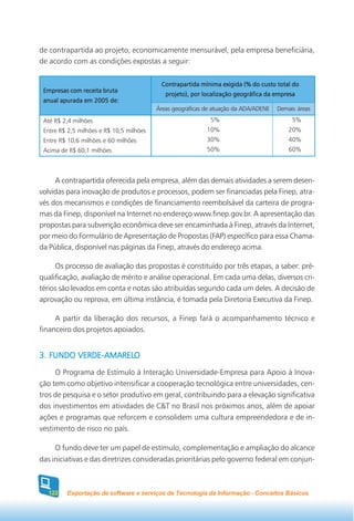 de contrapartida ao projeto, economicamente mensurável, pela empresa beneficiária,
de acordo com as condições expostas a seguir:

                                           Contrapartida mínima exigida (% do custo total do
 Empresas com receita bruta
                                             projeto), por localização geográfica da empresa
 anual apurada em 2005 de:
                                          Áreas geográficas de atuação da ADA/ADENE   Demais áreas
 Até R$ 2,4 milhões                                          5%                            5%
 Entre R$ 2,5 milhões e R$ 10,5 milhões                     10%                           20%
 Entre R$ 10,6 milhões e 60 milhões                         30%                           40%
 Acima de R$ 60,1 milhões                                   50%                           60%




     A contrapartida oferecida pela empresa, além das demais atividades a serem desen-
volvidas para inovação de produtos e processos, podem ser financiadas pela Finep, atra-
vés dos mecanismos e condições de financiamento reembolsável da carteira de progra-
mas da Finep, disponível na Internet no endereço www.finep.gov.br. A apresentação das
propostas para subvenção econômica deve ser encaminhada à Finep, através da Internet,
por meio do Formulário de Apresentação de Propostas (FAP) específico para essa Chama-
da Pública, disponível nas páginas da Finep, através do endereço acima.

     Os processo de avaliação das propostas é constituído por três etapas, a saber: pré-
qualificação, avaliação de mérito e análise operacional. Em cada uma delas, diversos cri-
térios são levados em conta e notas são atribuídas segundo cada um deles. A decisão de
aprovação ou reprova, em última instância, é tomada pela Diretoria Executiva da Finep.

     A partir da liberação dos recursos, a Finep fará o acompanhamento técnico e
financeiro dos projetos apoiados.


3. FUNDO VERDE-AMARELO
         VERDE-AMARELO

     O Programa de Estímulo à Interação Universidade-Empresa para Apoio à Inova-
ção tem como objetivo intensificar a cooperação tecnológica entre universidades, cen-
tros de pesquisa e o setor produtivo em geral, contribuindo para a elevação significativa
dos investimentos em atividades de C&T no Brasil nos próximos anos, além de apoiar
ações e programas que reforcem e consolidem uma cultura empreendedora e de in-
vestimento de risco no país.

     O fundo deve ter um papel de estímulo, complementação e ampliação do alcance
das iniciativas e das diretrizes consideradas prioritárias pelo governo federal em conjun-



  122    Exportação de software e serviços de Tecnologia da Informação - Conceitos Básicos
 