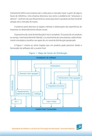 tremamente difícil uma empresa dar o salto para o mercado maior a partir de alguns
locais de referência. Uma empresa descreveu isso como o problema de “atravessar o
abismo”: você tem de usar eficazmente os canais para levar o produto da fase inicial de
adoção até o mercado de massa.

    A próxima parte descreve as opções indiretas e observações das experiências de
empresas no desenvolvimento desses canais.

     O panorama do canal de distribuição é rico e complexo. O sucesso de um produto
ou serviço, internacionalmente falando, e o crescimento de uma empresa, estão direta-
mente vinculados à escolha e ao apoio de um canal de distribuição apropriado.

     A Figura 1 mostra os vários trajetos que um produto pode percorrer desde o
fornecedor do software até o usuário final.

                                      Figura 1- Mapa de Canais de Distribuição

                                               Vendedores de software



                                                                Distribuidores



                          Revenda / Valor agregado

                                                                            Distribuidores / Valor agregado
 Vendas diretas




                                                             Integradores de sistema


                     Representantes /
                    Agentes de vendas       Catálogos



                  ISV´s                                    Lojas / Varejo



                                              Usuário final / Consumidor




     Exportação de software e serviços de Tecnologia da Informação - Conceitos Básicos                69
 
