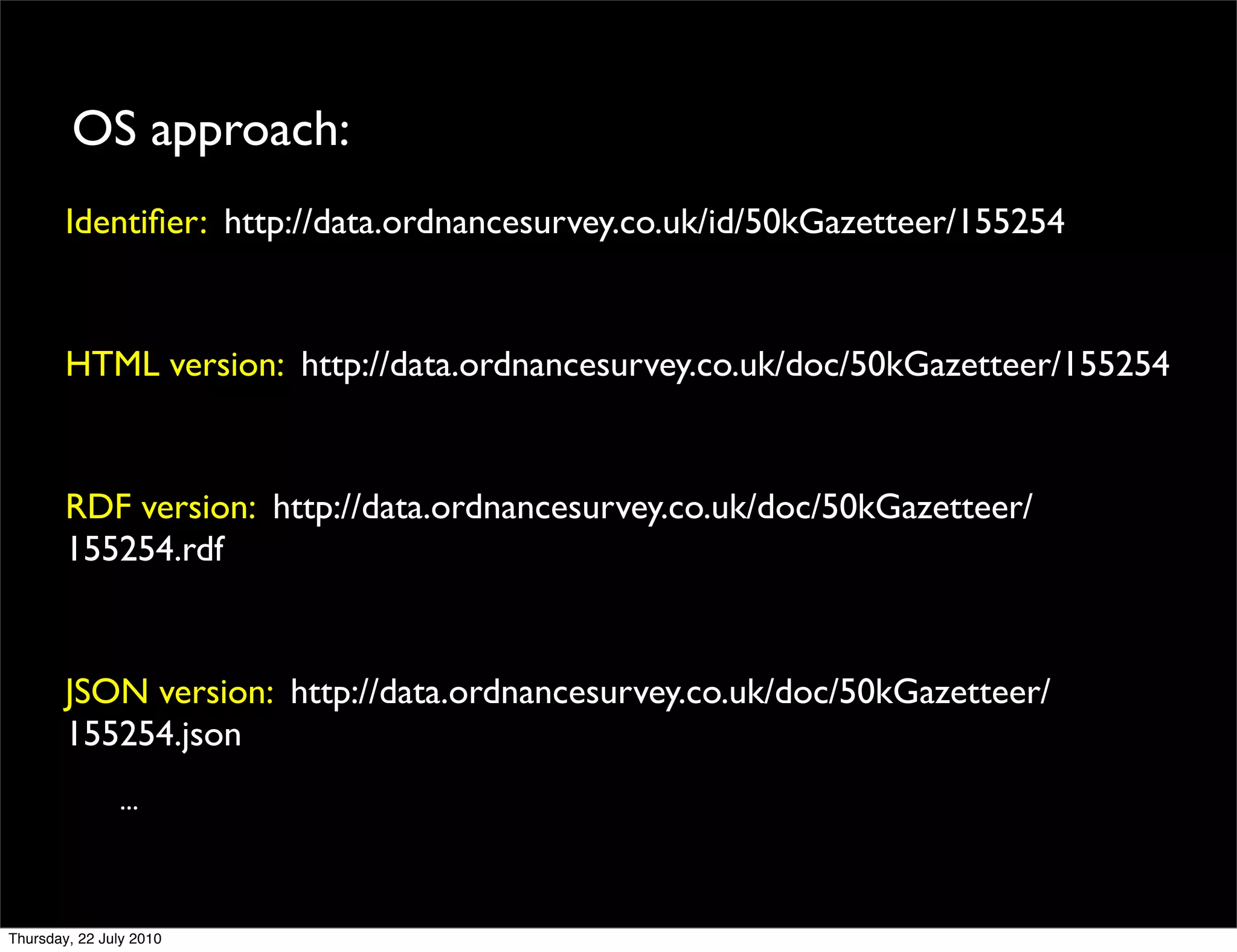 OS approach:
Identiﬁer: http://data.ordnancesurvey.co.uk/id/50kGazetteer/155254


HTML version: http://data.ordnancesurvey.co.uk/doc/50kGazetteer/155254


RDF version: http://data.ordnancesurvey.co.uk/doc/50kGazetteer/
155254.rdf


JSON version: http://data.ordnancesurvey.co.uk/doc/50kGazetteer/
155254.json
   ...
 