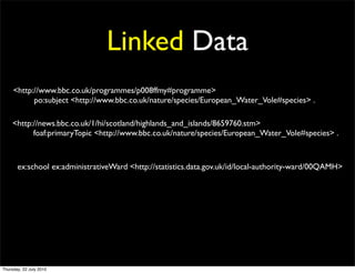 Linked Data
<http://www.bbc.co.uk/programmes/p008ffmy#programme>
      po:subject <http://www.bbc.co.uk/nature/species/European_Water_Vole#species> .

<http://news.bbc.co.uk/1/hi/scotland/highlands_and_islands/8659760.stm>
      foaf:primaryTopic <http://www.bbc.co.uk/nature/species/European_Water_Vole#species> .



 ex:school ex:administrativeWard <http://statistics.data.gov.uk/id/local-authority-ward/00QAMH>
 