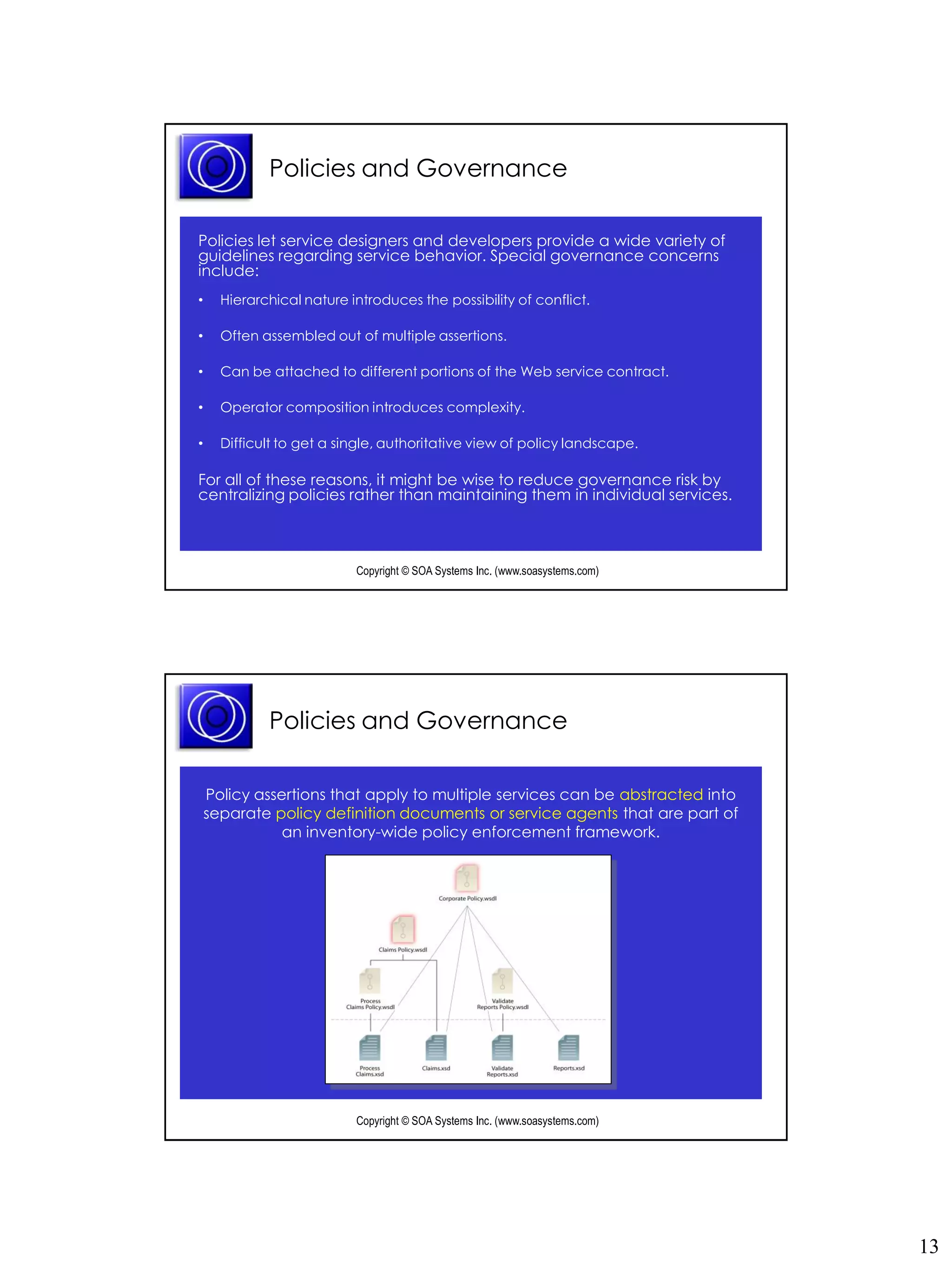 Policies and Governance

Policies let service designers and developers provide a wide variety of
guidelines regarding service behavior. Special governance concerns
include:
•     Hierarchical nature introduces the possibility of conflict.

•     Often assembled out of multiple assertions.

•     Can be attached to different portions of the Web service contract.

•     Operator composition introduces complexity.

•     Difficult to get a single, authoritative view of policy landscape.

For all of these reasons, it might be wise to reduce governance risk by
centralizing policies rather than maintaining them in individual services.



                           Copyright © SOA Systems Inc. (www.soasystems.com)‫‏‬




             Policies and Governance

    Policy assertions that apply to multiple services can be abstracted into
    separate policy definition documents or service agents that are part of
               an inventory-wide policy enforcement framework.




                           Copyright © SOA Systems Inc. (www.soasystems.com)‫‏‬




                                                                                13
 