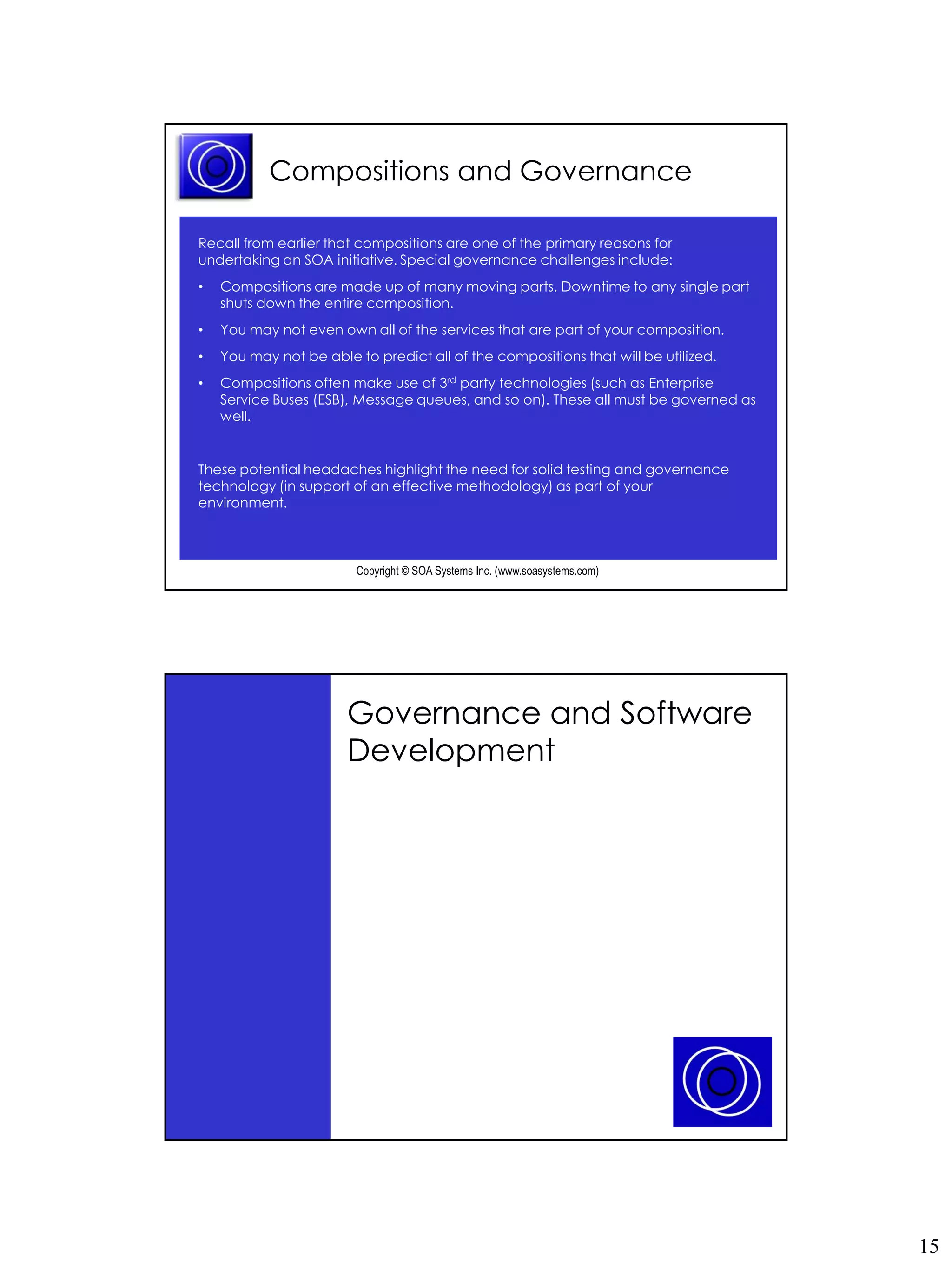 Compositions and Governance

Recall from earlier that compositions are one of the primary reasons for
undertaking an SOA initiative. Special governance challenges include:
•   Compositions are made up of many moving parts. Downtime to any single part
    shuts down the entire composition.
•   You may not even own all of the services that are part of your composition.
•   You may not be able to predict all of the compositions that will be utilized.
•   Compositions often make use of 3rd party technologies (such as Enterprise
    Service Buses (ESB), Message queues, and so on). These all must be governed as
    well.


These potential headaches highlight the need for solid testing and governance
technology (in support of an effective methodology) as part of your
environment.



                         Copyright © SOA Systems Inc. (www.soasystems.com)‫‏‬




                       Governance and Software
                       Development




                         Copyright © SOA Systems Inc. (www.soasystems.com)‫‏‬




                                                                                     15
 