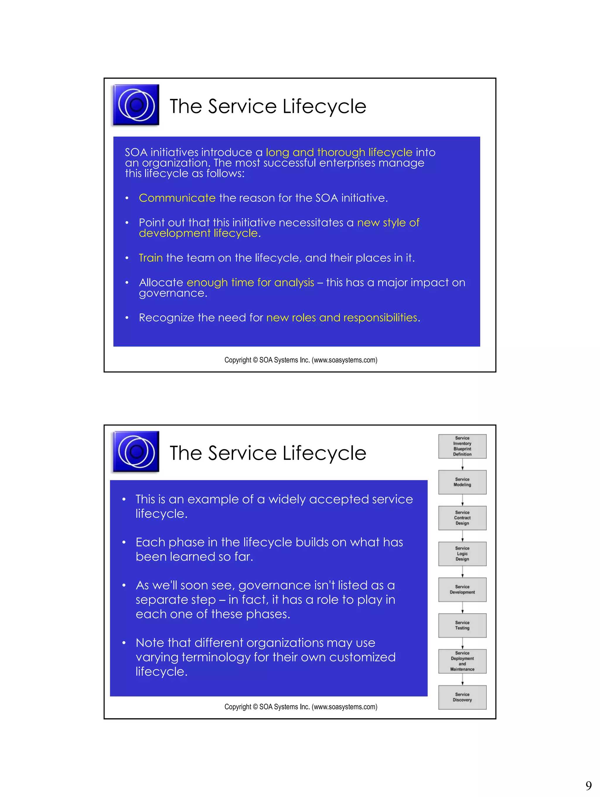 The Service Lifecycle

SOA initiatives introduce a long and thorough lifecycle into
an organization. The most successful enterprises manage
this lifecycle as follows:

• Communicate the reason for the SOA initiative.

• Point out that this initiative necessitates a new style of
  development lifecycle.

• Train the team on the lifecycle, and their places in it.

• Allocate enough time for analysis – this has a major impact on
  governance.

• Recognize the need for new roles and responsibilities.


                    Copyright © SOA Systems Inc. (www.soasystems.com)‫‏‬




         The Service Lifecycle

• This is an example of a widely accepted service
  lifecycle.

• Each phase in the lifecycle builds on what has
  been learned so far.

• As we'll soon see, governance isn't listed as a
  separate step – in fact, it has a role to play in
  each one of these phases.

• Note that different organizations may use
  varying terminology for their own customized
  lifecycle.

                    Copyright © SOA Systems Inc. (www.soasystems.com)‫‏‬




                                                                         9
 