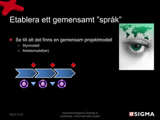 Etablera ett gemensamt ”språk”

    Tydliggör organisationen, vem gör vad?
     – Roller, ansvar och befogenheter




                                Inspirationsdagarna Strategi &
2012-11-23
                              Ledarskap - Internationella projekt
 