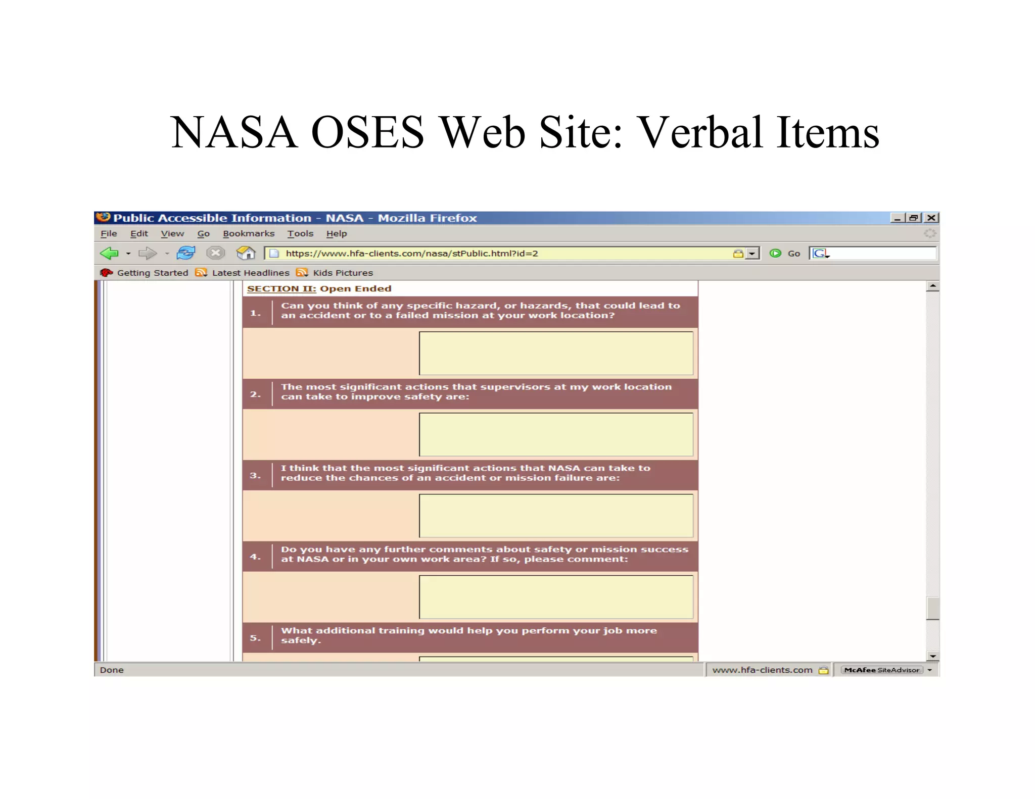 NASA OSES Web Site: Verbal Items
 