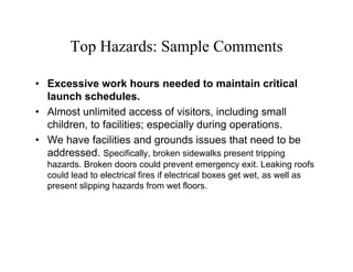 Top Hazards: Sample Comments

• Excessive work hours needed to maintain critical
  launch schedules.
• Almost unlimited access of visitors, including small
  children, to facilities; especially during operations.
• We have facilities and grounds issues that need to be
  addressed. Specifically, broken sidewalks present tripping
  hazards. Broken doors could prevent emergency exit. Leaking roofs
  could lead to electrical fires if electrical boxes get wet, as well as
  present slipping hazards from wet floors.
 