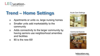  Apartments or units vs. large nursing homes
 Smaller units add marketability to the
community
 Adds connectivity to the larger community by
having seniors use neighborhood amenities
and facilities
 80 is the new 65!
Communal Spaces
Acute Care Settings
 