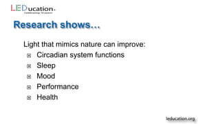 Light that mimics nature can improve:
 Circadian system functions
 Sleep
 Mood
 Performance
 Health
 